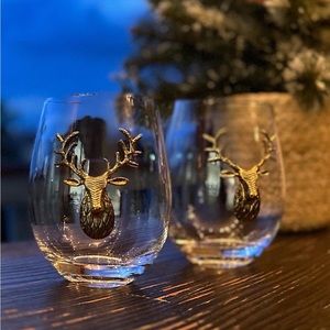 Stemless wine glasses with brass. Reindeer/deer emblem. Set of two.